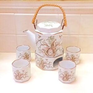 Home Ceramic 5 Piece Oriental Tea Set  Wicker Handle